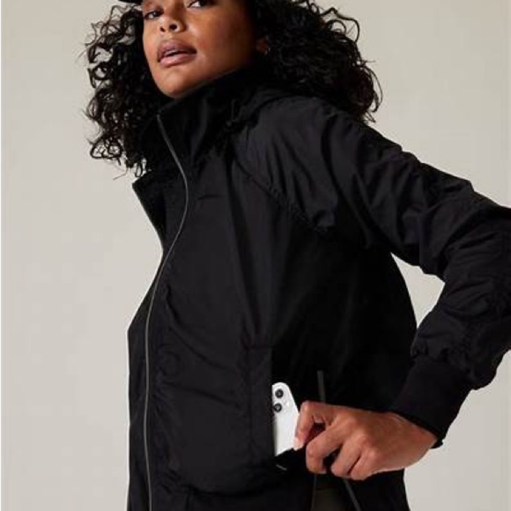 Athleta JetSet Bomber Black Womens Jacket Asymmetric Hem Slit Sides Size XS